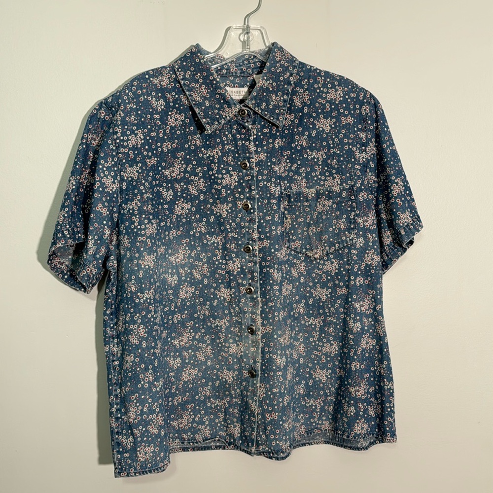 short sleeve patterned denim button up